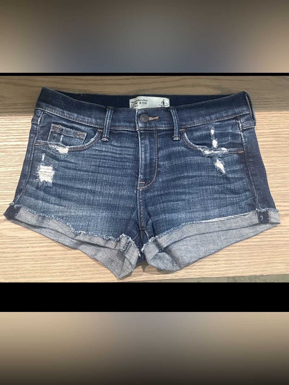 Abercrombie & Fitch Distressed Rolled Hem Denim Shorts in Dark Blue